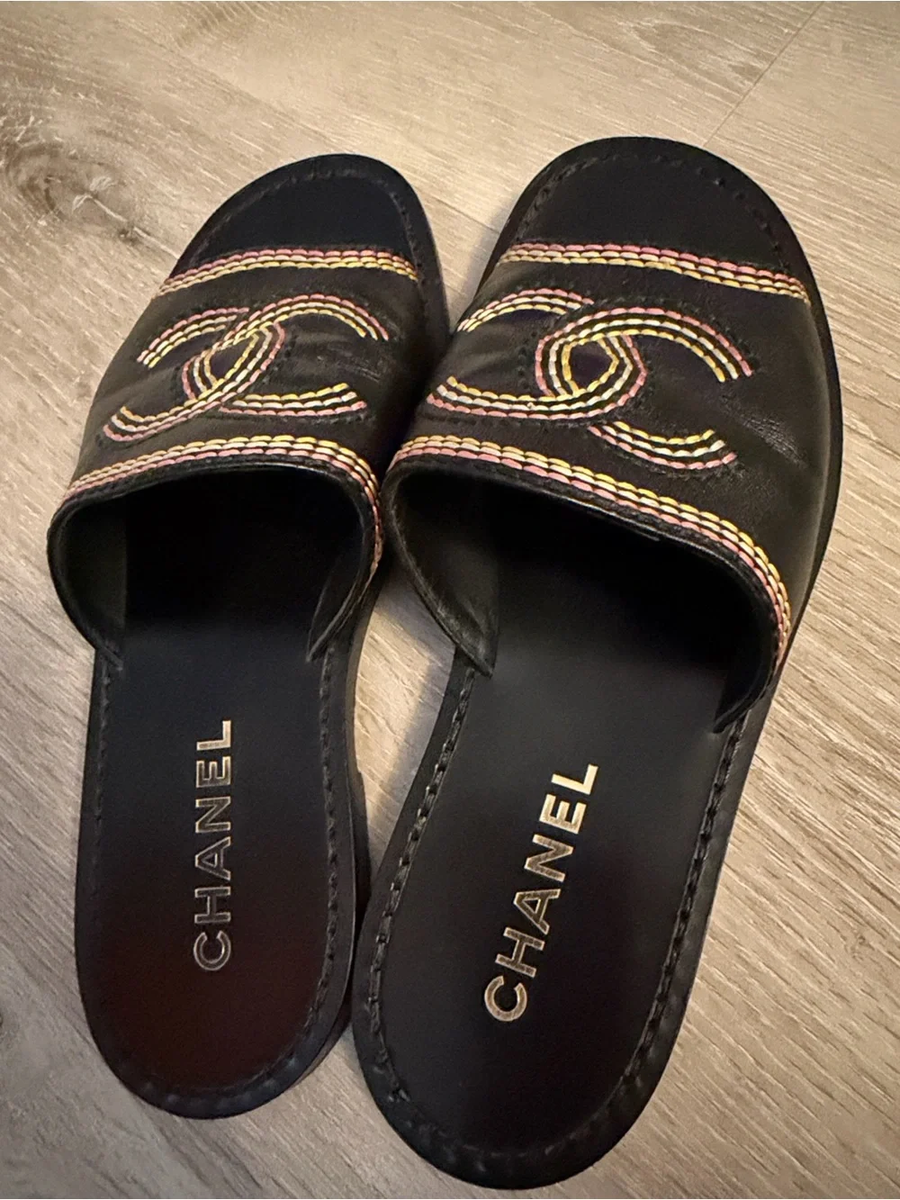 CHANEL Black Leather Slide Sandals with Pink and Yellow Stitching
